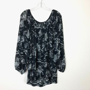 New York & Co. Women's Sheer Tunic Top Size L Black White Floral Long Sleeve